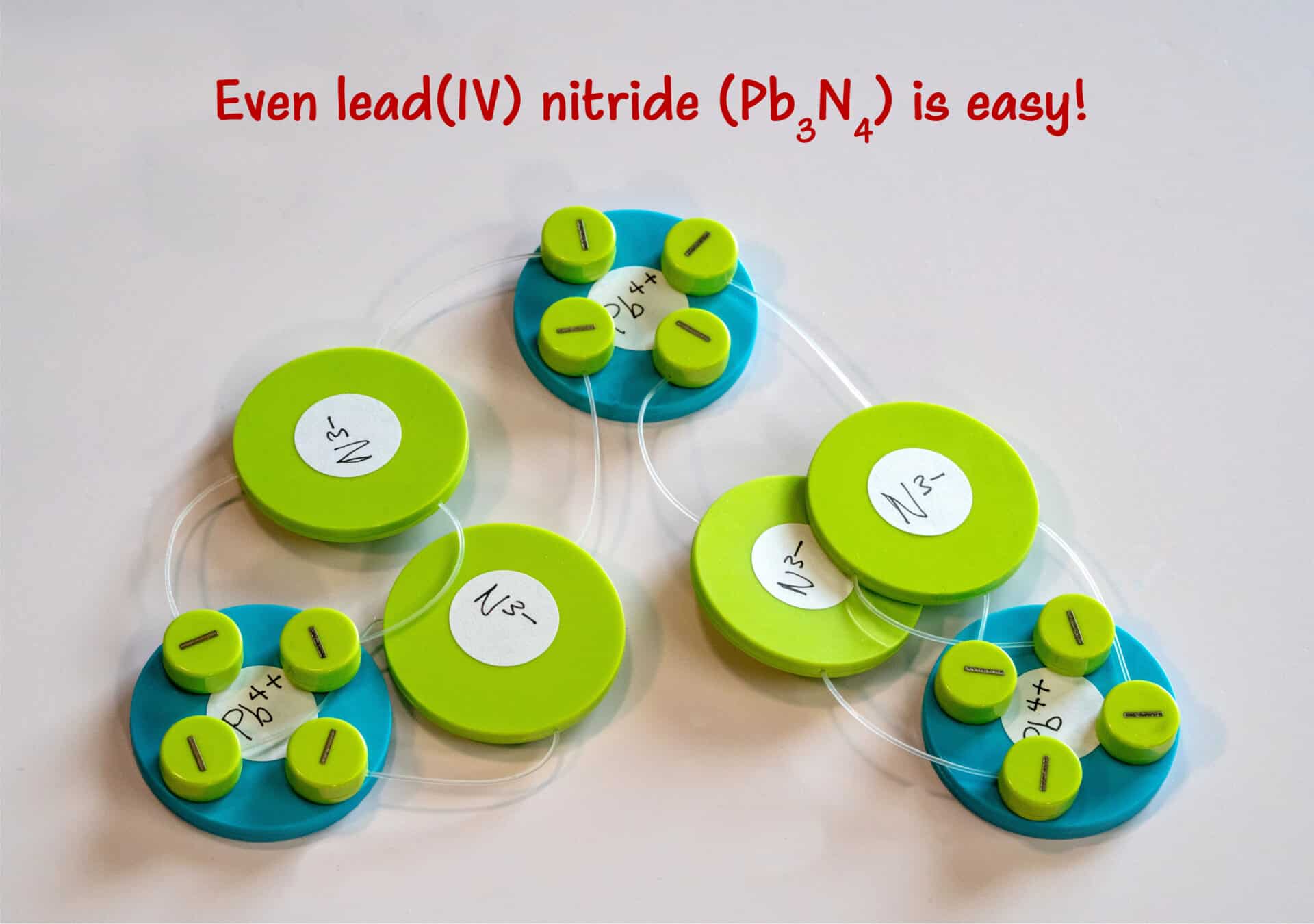 This is an image of the 22-Piece Ionic Bond Disc & Sticker Set being used to represent lead(IV) nitride.